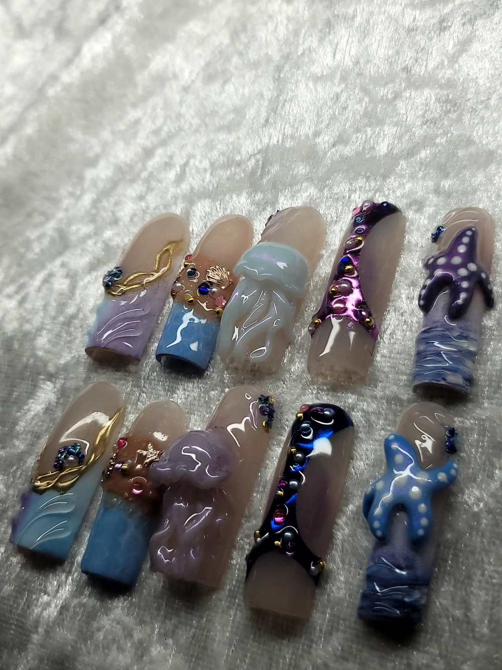 Handcrafted Sea-Inspired Press-On Nails in Purple & Blue